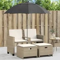 Divano Giardino 2Posti Ombrellone e Sgabelli Beige Polyrattan 365886