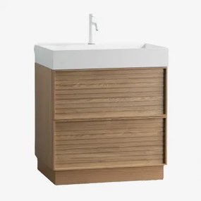 Set Mobili Da Bagno In Legno Jolene Con Lavabo Integrato Legno Naturale & Senza Specchio & Bianco ↑20 Cm Con Valvola Di Scarico Senza Troppopieno -