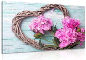 Stampa su tela – Peonie su cuore di legno