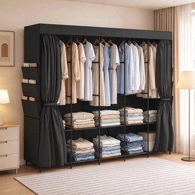 Armadio Salvaspazio 212x45x167 cm con 5 Aste 5 Ripiani 6 Tasche Laterali Ante Antipolvere con Zip in Tessuto Nero...