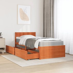 Letto cassetti e materasso marrone cera 90x200cm massello pino