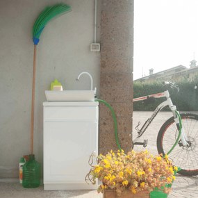 Lavatoio a Terra Per Esterno 50x50 Un'Anta Con Vasca Sifone e Tavoletta In Plastica Xilon "Meteo" Bianco Lucido