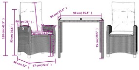 Set da Pranzo da Giardino 3 pz con Cuscini Nero in Polyrattan