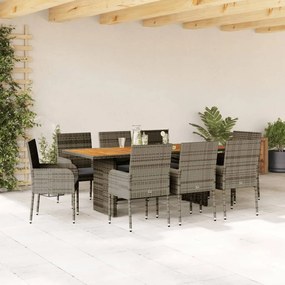 Set da pranzo da giardino 9 pz con cuscini in polyrattan grigio