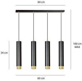 Lampadario 4 Luci Brunilde In Acciaio Nero E Tubolari In Nero E Oro