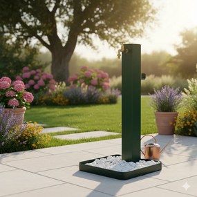 Fontana da Giardino Design a Colonna Quadrata Rubinetto in Ottone e Base con Ciottoli Verde...