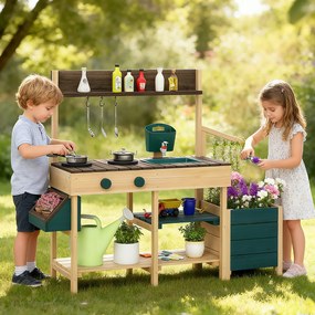 Costway Cucina da esterno in legno per bambini 3-8 anni con accessori realistici, Cucina da gioco con cassettiera per piante 3 Colori