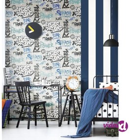 Noordwand Carta da Parati Friends & Coffee Graffity Print Grigio e Blu
