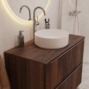 Mobile bagno sospeso Neo Groove L 91 x H 68 x P 49 cm, 2 cassetti con maniglia cromo, top e lavabo da appoggio Studio in ceramica bianco opaco inclusi, noce cannettato