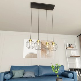 Sospensione Minimal Industrial Hathor 4 Luci Lineari Nera E Oro