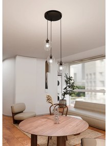 Lampadario 3 Luci Fuxi Base Tonda In Acciaio Nero E Vetri Trasparente