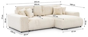 Divano angolare con penisola a destra color crema e rivestimento in velluto a coste allungabile e con contenitore Sarina – Ropez