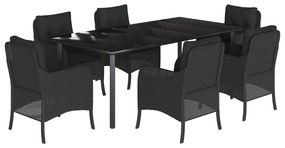 Set da pranzo da giardino 7 pz nero con cuscini in polyrattan