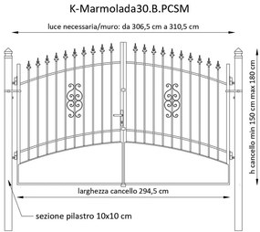 Cancello manuale con serratura manuale Marmolada in ferro, apertura centrale, L 308.5, H 165-195 cm, di colore bianco