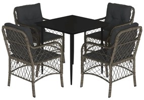 Set da pranzo da giardino 5 pz con cuscini in polyrattan grigio