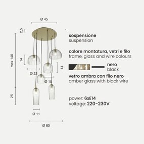 Lampadario a sospensione PUCK in vetro soffiato rigato AMBRA