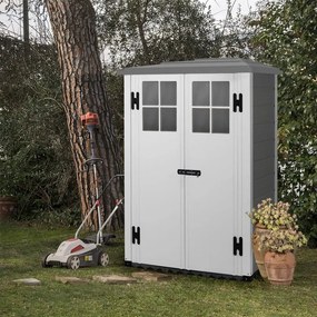 Casetta da giardino in PVC grigio 0.9 x 1.3 m, superficie esterna 1.16 m² e spessore parete 20 mm, con pavimento porta a due ante, GAROFALO GREENY PAGODA EVO S - 100.2P