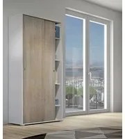 Guardaroba Dalia, Armadio a 2 ante scorrevoli e 4 ripiani, Mobile moderno multiuso per camera da letto, Made in Italy, Cm 90x45h195, Rovere e Bianco