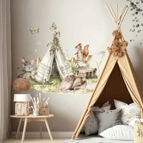 Adesivo murale Woodland - Tenda Teepee e animali della foresta | Inspio