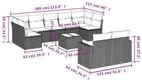 Set divano giardino 10 pz con cuscini grigio chiaro polyrattan