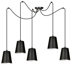 Lampadario 5 Luci Link In Acciaio Nero Cavo Lungo E Paralumi Cono Nero E Bianco