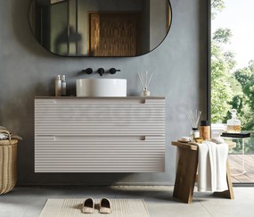 Mobile bagno canapa 100x45 Mango due cassetti soft close con top quercia e lavabo tondo da appoggio in ceramica lucida