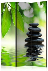 Paravento separè Tranquillità - pietre scure in stile Zen su sfondo di foglie di bambù