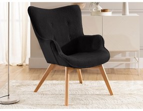 Poltrona con poggiapiedi nera con rivestimento in velluto a coste Niko – Ropez