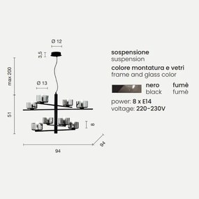 Lampada a sospensione FIGARO 94 cm a 8 luci in metallo con diffusori in vetro NERO