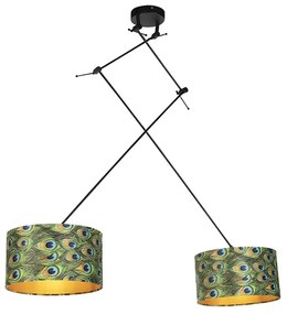 Lampada a sospensione con paralumi in velluto pavone / oro 35cm - BLITZ II Zwart