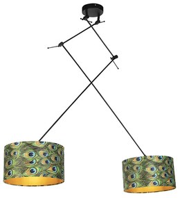 Lampada a sospensione nera con paralumi in velluto pavone con oro 35 cm 2 luci - Blitz