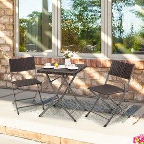 Costway Set di mobili da pranzo in vimini pieghevole per patio, Set di tavolo e sedie da esterno da 3 pezzi Marrone scuro