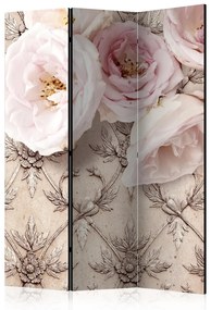 Paravento design Romantic beige (3 pezzi) - composizione di rose su uno sfondo a motivi