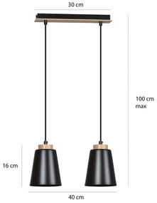 Lampadario 2 Luci Lancillotto Con Paralumi A Cono In Acciaio Nero E Legno Naturale