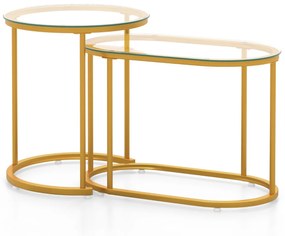 Costway Set di tavolini da salotto componibili con piano in vetro temperato struttura in metallo, Tavolini da caffè Oro
