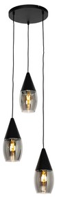 Lampada a sospensione moderna nera con vetro fumé 3 luci - Drop