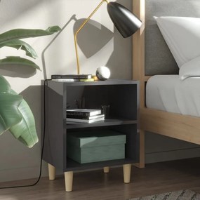 Comodino Con Gambe İn Legno Massello Grigio Lucido 40x30x50 Cm /