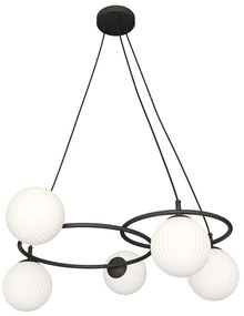 Lampadario 5 Luci Eolo A Cerchi E Diffusori In Vetro Rigato Opale