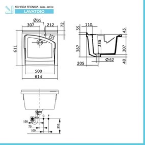 Lavatoio in ceramica 61x61 cm ad incasso per mobile modello Revine