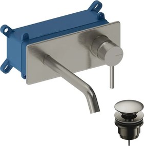 Rubinetto per lavabo Loop monocomando a parete per lavabo bocca 18cm + corpo incasso + piletta di scarico + placa rettangolare nickel brushed