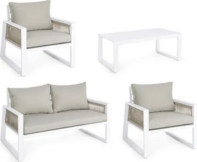 Salottino Da Esterno In Corda E Alluminio Con Cuscini E Tavolino Bianco Captiva Bizzotto