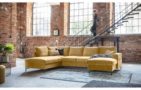 Divano letto a U in velluto giallo senape, angolo sinistro Lofty Lilly - Miuform