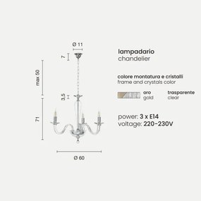 Lampada a sospensione RAVEL 3 luci in vetro lavorato a mano ORO