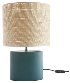 Lampada da tavolo in ceramica blu petrolio opaco e paralume in rafia naturale H40 m TIGA