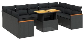 Set divani da giardino 10pz con cuscini in polyrattan nero