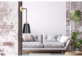 Applique 1 Luce Lancillotto A Cono In Acciaio Nero E Legno Naturale