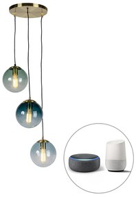 Lampada a sospensione intelligente in ottone con 3 ST64 WiFi con vetro blu - Pallon