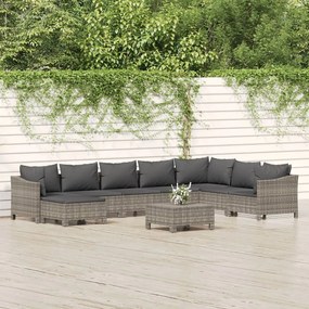 Set divani da giardino 9 pz con cuscini in polyrattan grigio