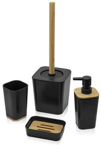 Set accessori bagno moderno in finitura nera opaca con dettagli in bambù