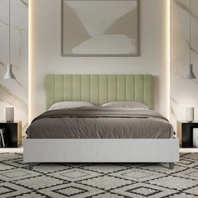 Letto contenitore da 160x190 in legno bianco e testata in microfibra tč verde Kaia